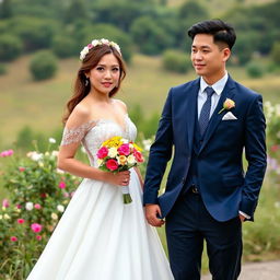 A captivating pre-wedding photo shoot featuring a stunning couple in a scenic outdoor setting
