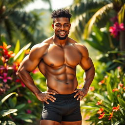 A strong mulatto man without a shirt, showcasing well-defined muscles and an athletic build, wearing tight-fitting shorts that accentuate his physique