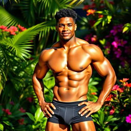 A strong mulatto man without a shirt, showcasing well-defined muscles and an athletic build, wearing tight-fitting shorts that accentuate his physique