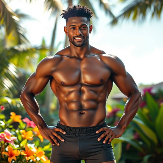 A strong mulatto man without a shirt, showcasing well-defined muscles and an athletic build, wearing tight-fitting shorts that accentuate his physique