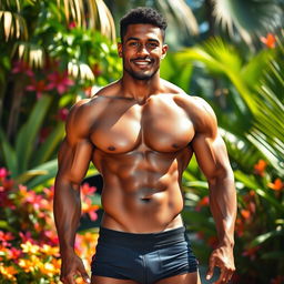 A strong mulatto man without a shirt, showcasing well-defined muscles and an athletic build, wearing tight-fitting shorts that accentuate his physique