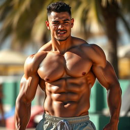 A strong mixed-race man, shirtless, showcasing his muscular physique, wearing only shorts that highlight his physique