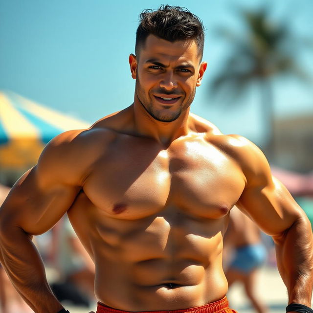 A strong mixed-race man, shirtless, showcasing his muscular physique, wearing only shorts that highlight his physique