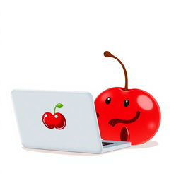 A pair of kawaii red cherries with cute little smiles, sitting side by side while working on a laptop