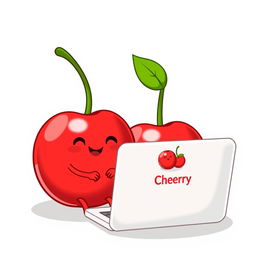 A pair of kawaii red cherries with cute little smiles, sitting side by side while working on a laptop