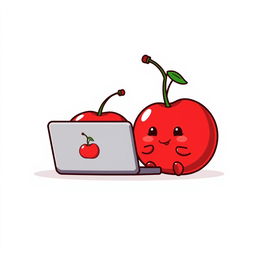 A pair of kawaii red cherries with cute little smiles, sitting side by side while working on a laptop