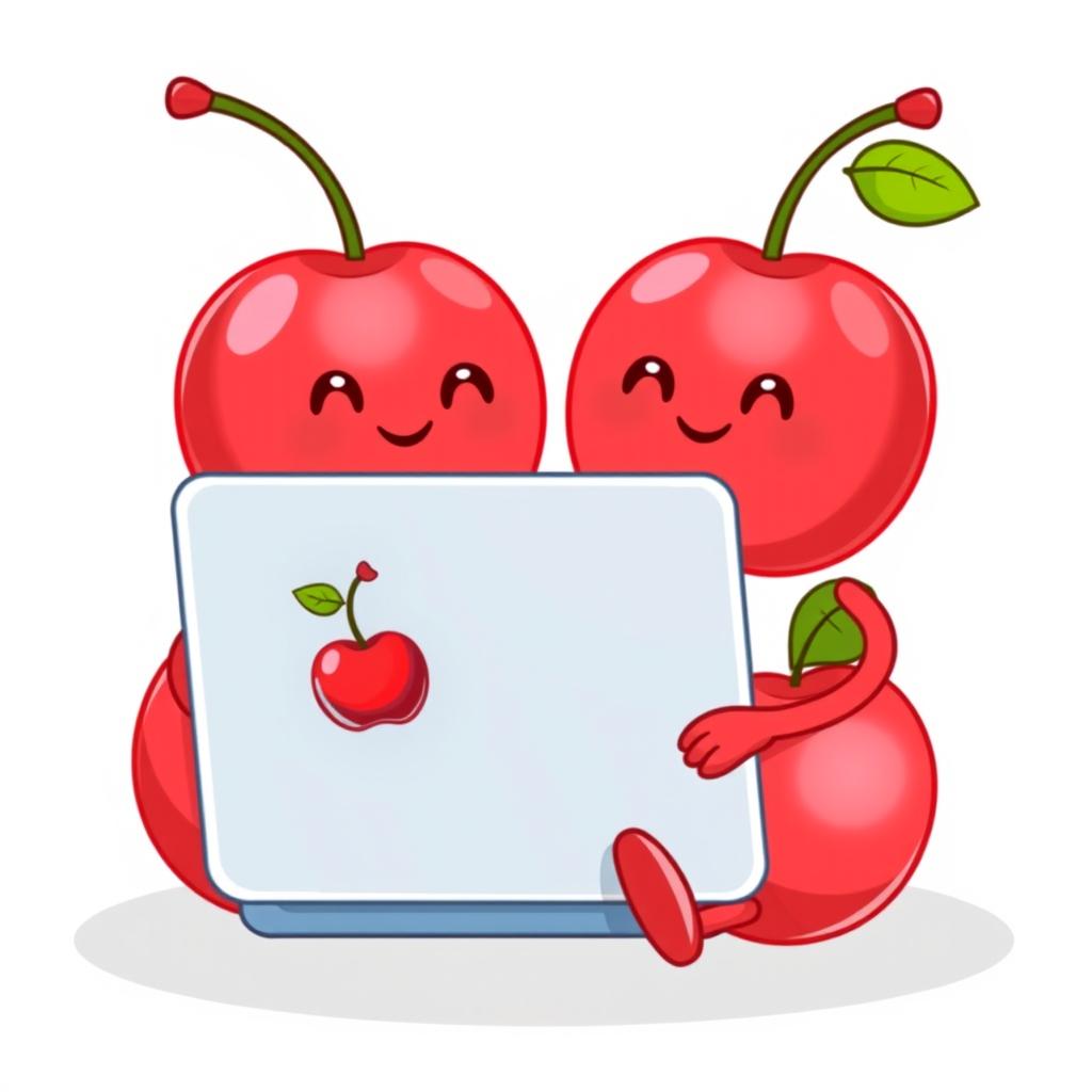 A pair of kawaii red cherries with cute little smiles, sitting side by side while working on a laptop