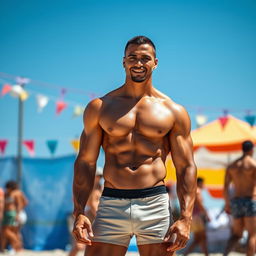 A strong mixed-race man, shirtless, showcasing his muscular build, wearing snug shorts that accentuate his athletic physique