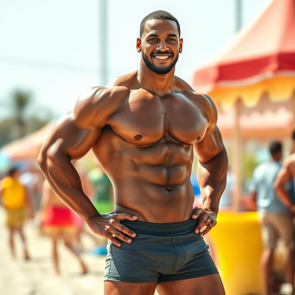 A strong mixed-race man, shirtless, showcasing his muscular build, wearing snug shorts that accentuate his athletic physique