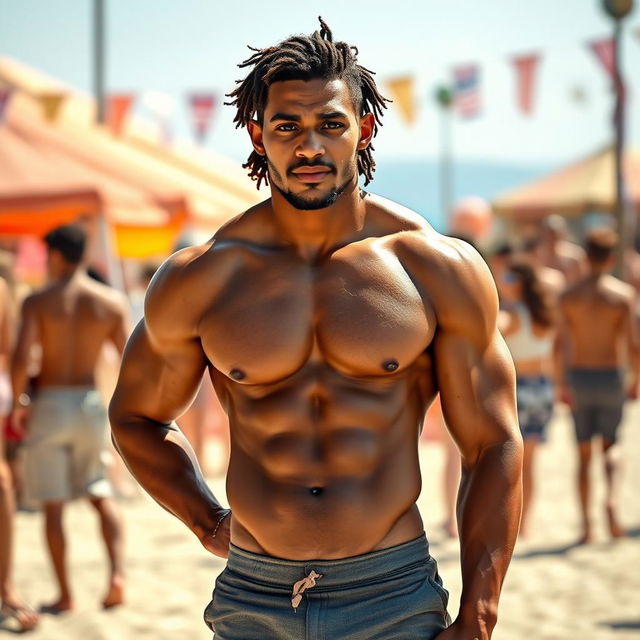 A strong mixed-race man, shirtless, showcasing his muscular build, wearing snug shorts that accentuate his athletic physique