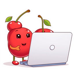 A pair of kawaii smiling cherries, with cute expressive faces, actively working on a laptop