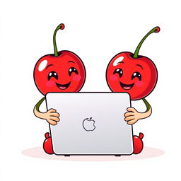 A pair of kawaii smiling cherries, with cute expressive faces, actively working on a laptop