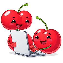 A pair of kawaii smiling cherries, with cute expressive faces, actively working on a laptop