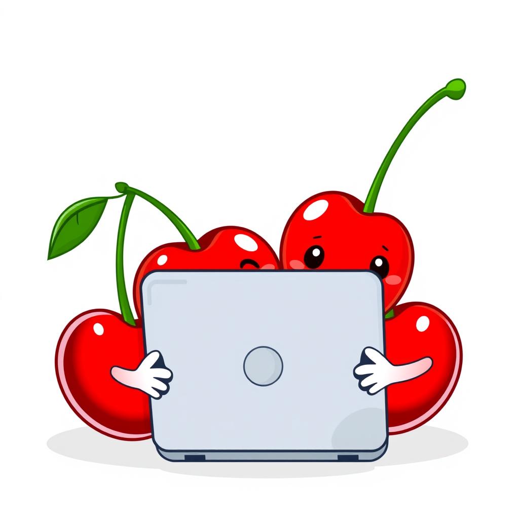 A pair of kawaii smiling cherries, with cute expressive faces, actively working on a laptop