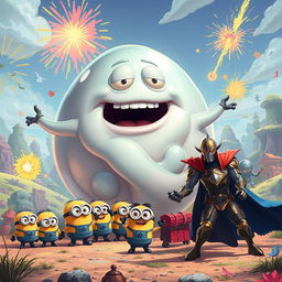 A whimsical scene featuring a large, transparent slime creature that resembles a father figure, depicted in a spherical shape