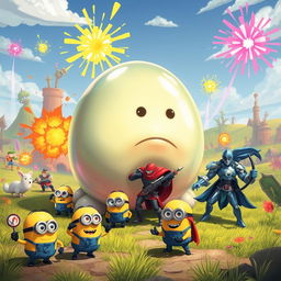 A whimsical scene featuring a large, transparent slime creature that resembles a father figure, depicted in a spherical shape