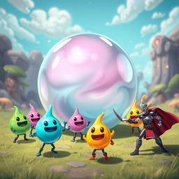A whimsical and colorful scene featuring a large, transparent slime dad in a perfect spherical shape
