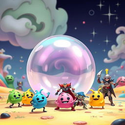 A whimsical and colorful scene featuring a large, transparent slime dad in a perfect spherical shape