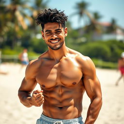 A strong mixed-race man, shirtless, displaying his muscular physique, wearing shorts