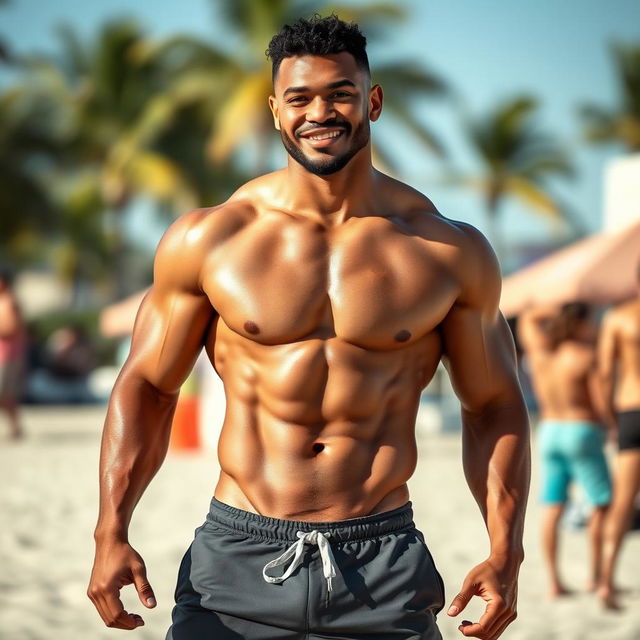 A strong mixed-race man, shirtless, displaying his muscular physique, wearing shorts