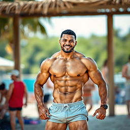 A strong mixed-race man, shirtless, displaying his muscular physique, wearing shorts