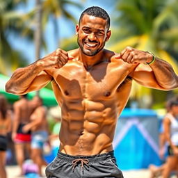 A strong mixed-race man, shirtless, displaying his muscular physique, wearing shorts