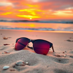A stylish pair of sunglasses resting on a sandy beach during sunset