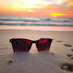 A stylish pair of sunglasses resting on a sandy beach during sunset