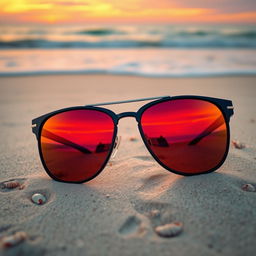 A stylish pair of sunglasses resting on a sandy beach during sunset