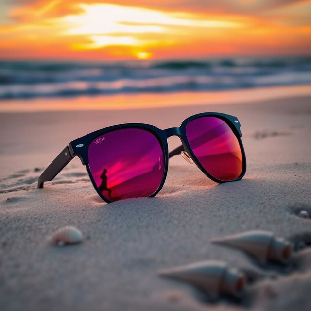 A stylish pair of sunglasses resting on a sandy beach during sunset