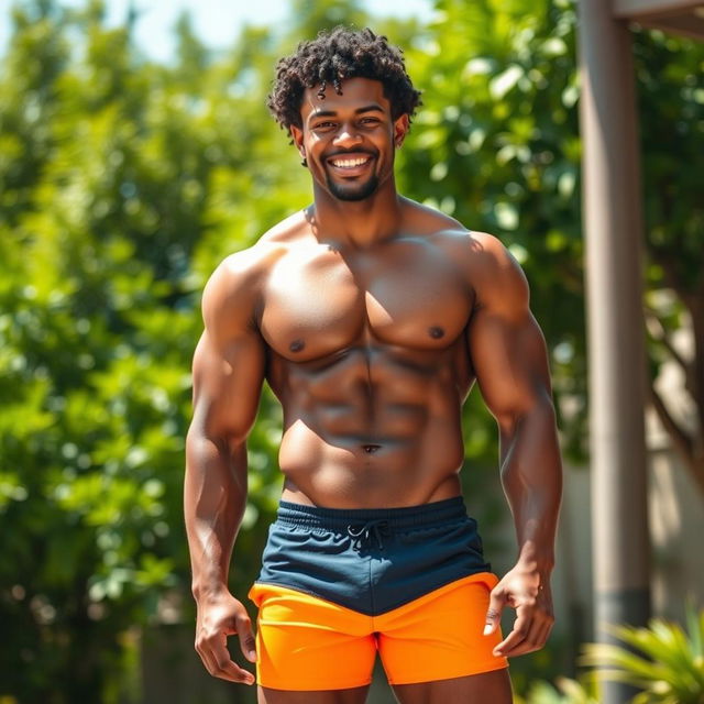 A strong mulatto man standing confidently, without a shirt and wearing tight-fitting shorts that accentuate his physique