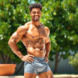 A strong mulatto man standing confidently, without a shirt and wearing tight-fitting shorts that accentuate his physique