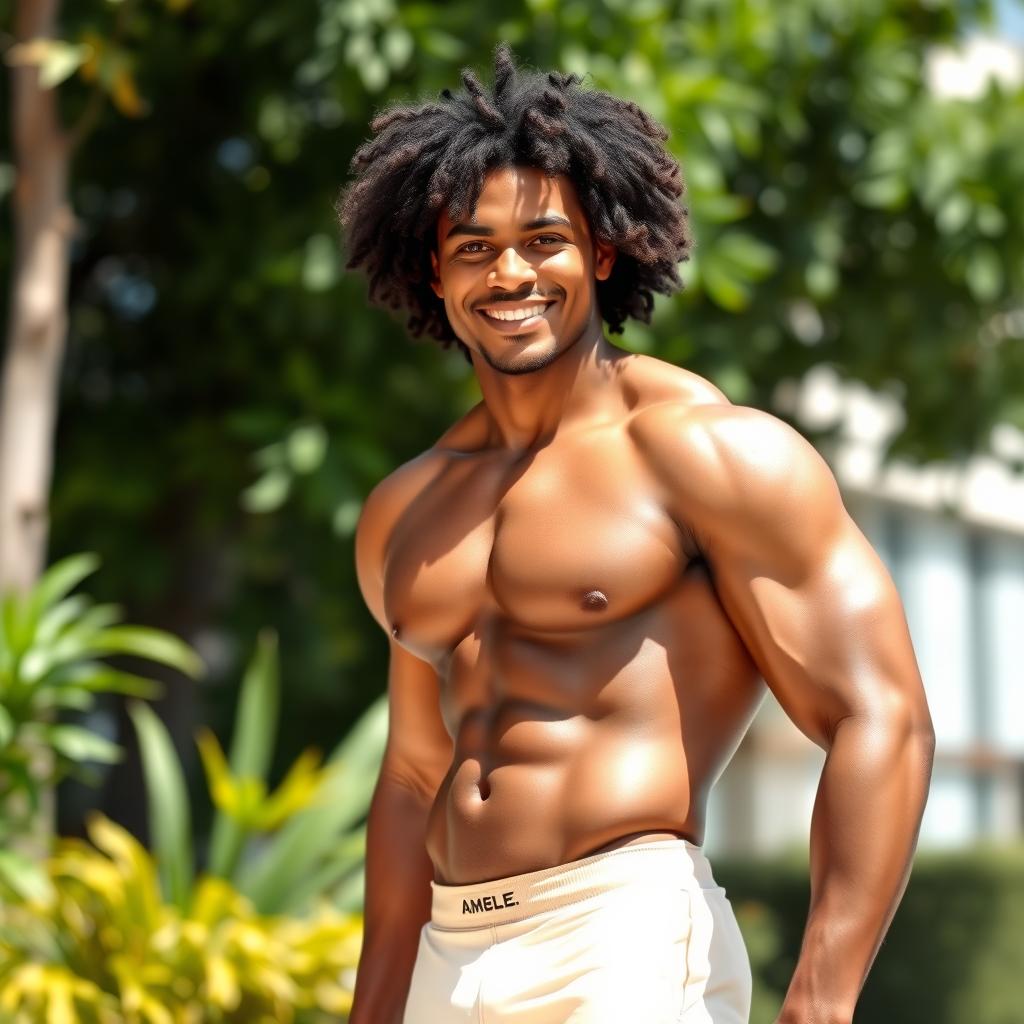 A strong mulatto man standing confidently, without a shirt and wearing tight-fitting shorts that accentuate his physique