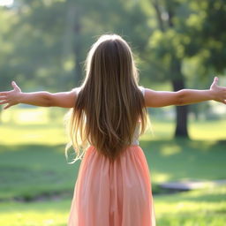 A girl seen from behind with relatively long hair, standing with her arms open wide