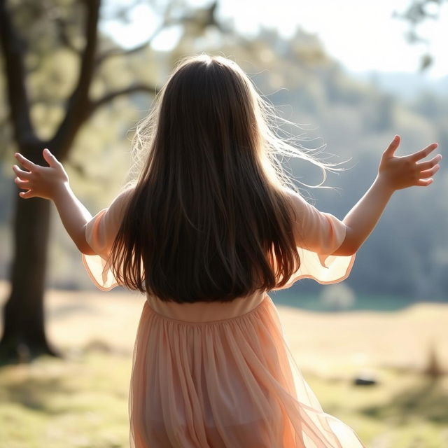 A girl seen from behind with relatively long hair, standing with her arms open wide