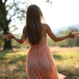 A girl seen from behind with relatively long hair, standing with her arms open wide