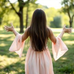 A girl seen from behind with relatively long hair, standing with her arms open wide