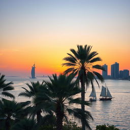 A picturesque view of the Persian Gulf during sunset, showcasing vibrant hues of orange, pink, and purple blending into the calm waters