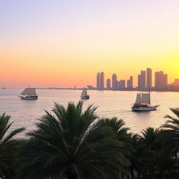 A picturesque view of the Persian Gulf during sunset, showcasing vibrant hues of orange, pink, and purple blending into the calm waters