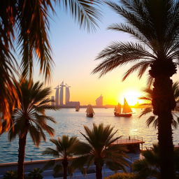 A picturesque view of the Persian Gulf during sunset, showcasing vibrant hues of orange, pink, and purple blending into the calm waters