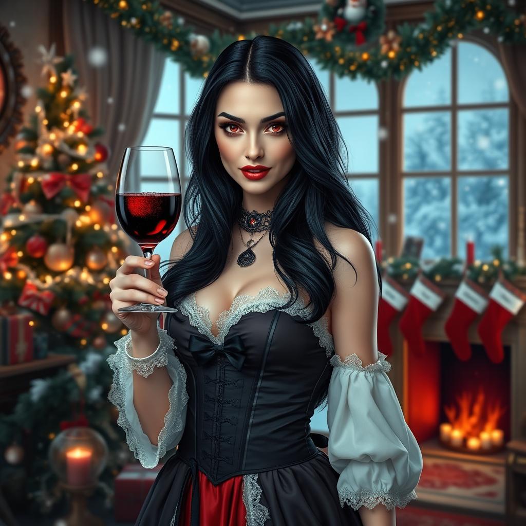 A stunning female vampire with elegant features, dressed in a beautiful Christmas-themed outfit that combines gothic elements with traditional festive colors