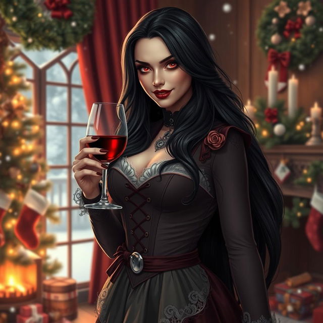 A stunning female vampire with elegant features, dressed in a beautiful Christmas-themed outfit that combines gothic elements with traditional festive colors