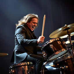 A powerful metal drummer passionately playing the drums, wearing a sleek black suit that adds an element of sophistication to his intense performance