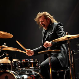 A powerful metal drummer passionately playing the drums, wearing a sleek black suit that adds an element of sophistication to his intense performance