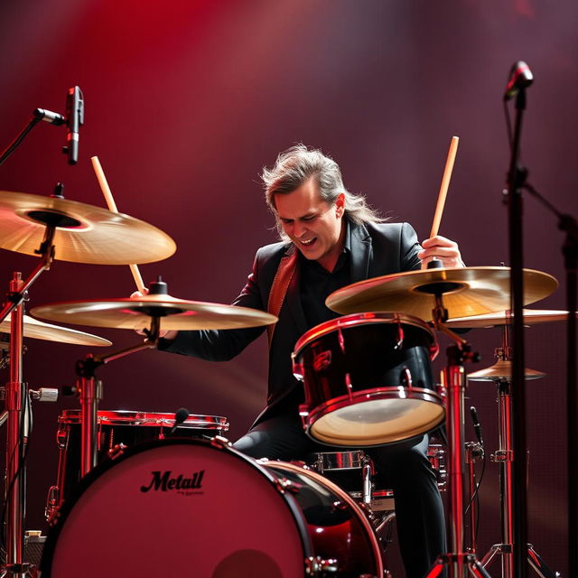 A powerful metal drummer passionately playing the drums, wearing a sleek black suit that adds an element of sophistication to his intense performance