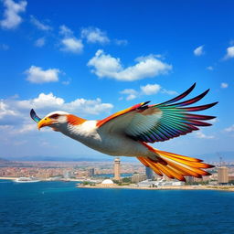 The Persian Gulf transformed into a Simurgh, a majestic mythical bird from Persian mythology, soaring until it reaches Azadi Square, a notable landmark in Tehran