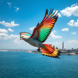 The Persian Gulf transformed into a Simurgh, a majestic mythical bird from Persian mythology, soaring until it reaches Azadi Square, a notable landmark in Tehran