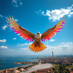 The Persian Gulf transformed into a Simurgh, a majestic mythical bird from Persian mythology, soaring until it reaches Azadi Square, a notable landmark in Tehran