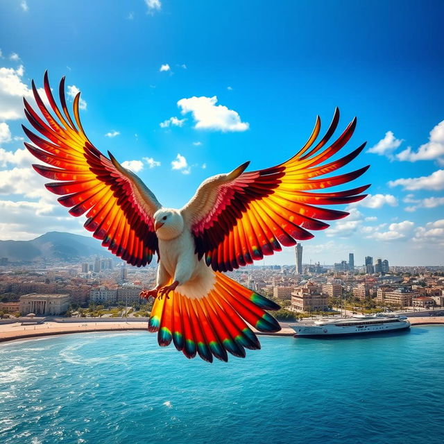 The Persian Gulf transformed into a Simurgh, a majestic mythical bird from Persian mythology, soaring until it reaches Azadi Square, a notable landmark in Tehran