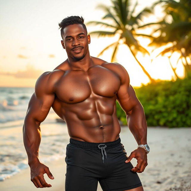 A muscular mulatto man without a shirt wearing tight shorts that accentuate his physique, confidently posing on a sunny beach